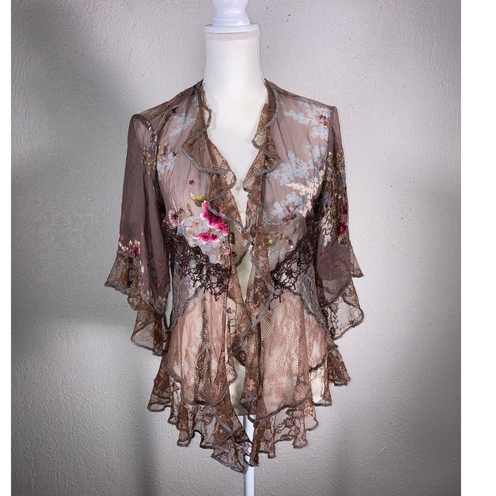 Spencer Alexis Boho Floral Embroidered Lace Kimono Brown Sheer Open Front Top - Picture 2 of 10